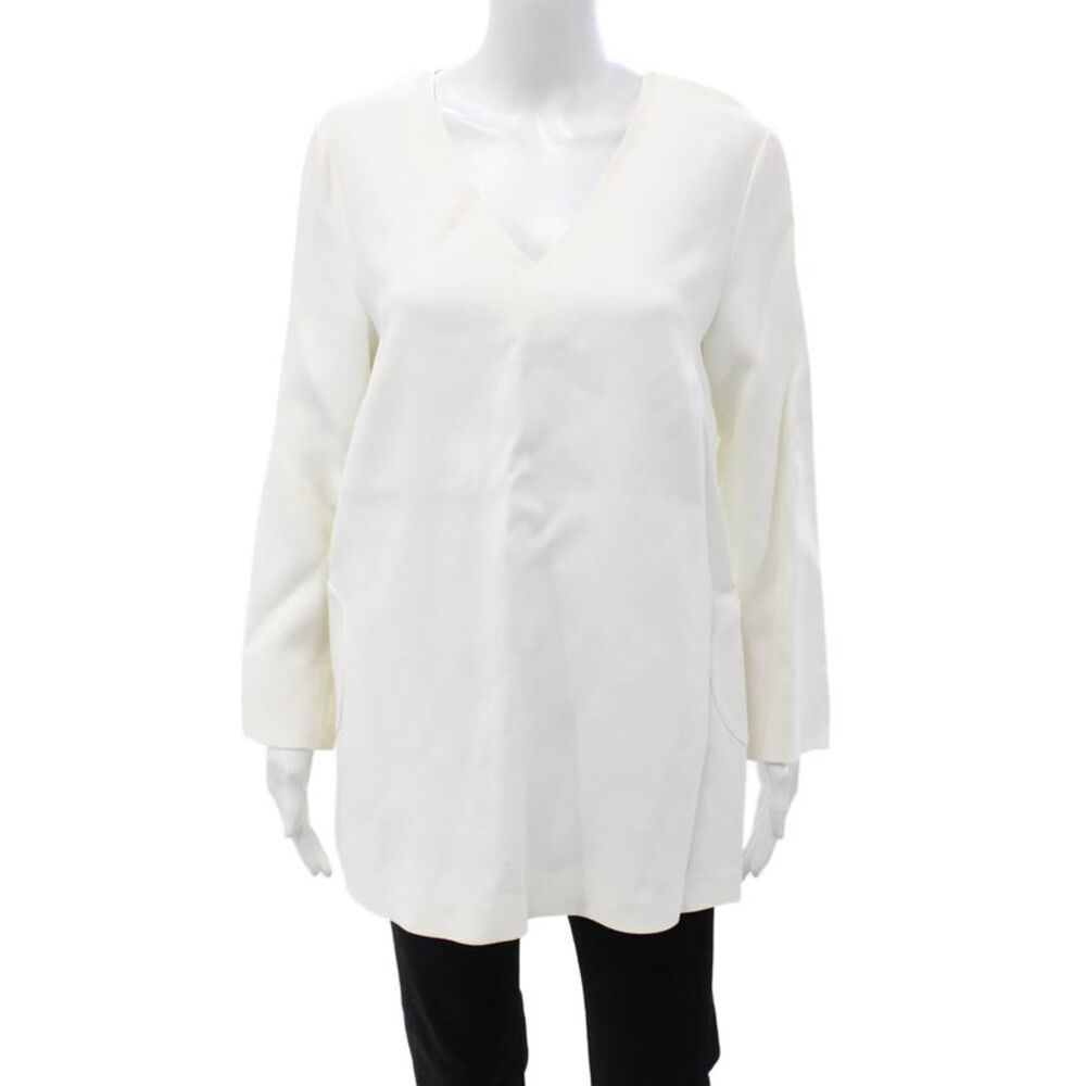 Lisa Perry Womens Silk V-Neck Tunic Blouse Long Sleeve White Zip Size 10